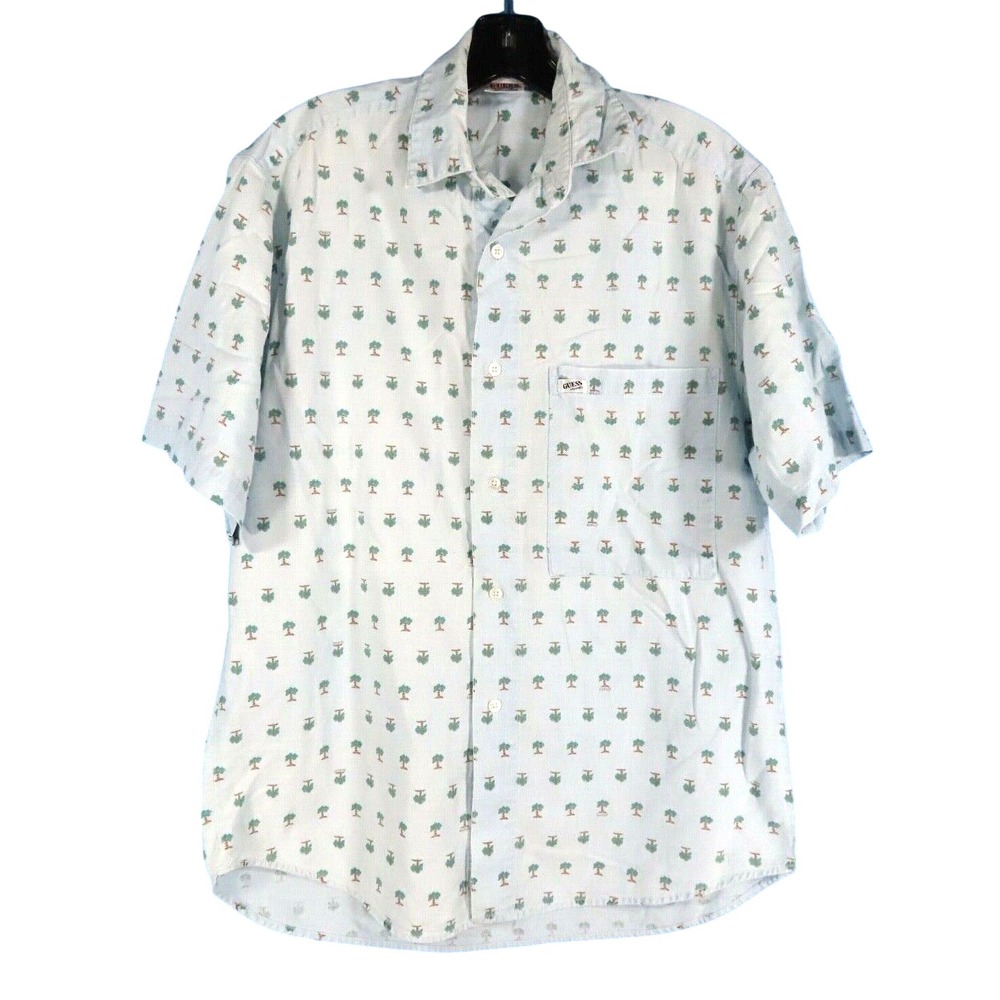 VTG GUESS JEANS Button-Up Shirt SOFT COTTON TWILL Tree Print BLUE/GREEN sz 2 - S